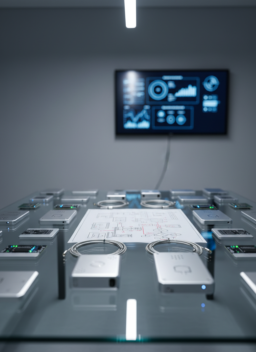 An ultra-modern glass-topped workbench covered with carefully organized components of a next-generation IoT device: polished aluminum casings, tiny circuit boards with glowing indicator lights, braided silver cables, and a neatly sketched product blueprint on translucent drafting paper. The setting is a clean, high-tech lab space with matte gray walls and a large digital whiteboard in the softly blurred background. Cool white overhead LED lighting creates crisp reflections and precise shadows, emphasizing detail and precision. Captured from a slightly elevated angle with sharp focus throughout, the composition feels orderly, analytical, and highly professional, embodying photographic realism that reflects methodical innovation and disciplined entrepreneurship.