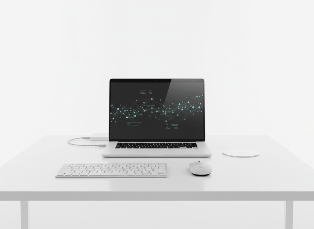 Minimalist matte-white and silver laptop on a clean white desk, thin bezels, dark screen showing a subtle abstract interface of graphs and nodes, with small hints of green and blue, surrounded by a few neatly aligned tech accessories. Bright studio lighting, white background, ultra-clean, futuristic but realistic, professional startup aesthetic.